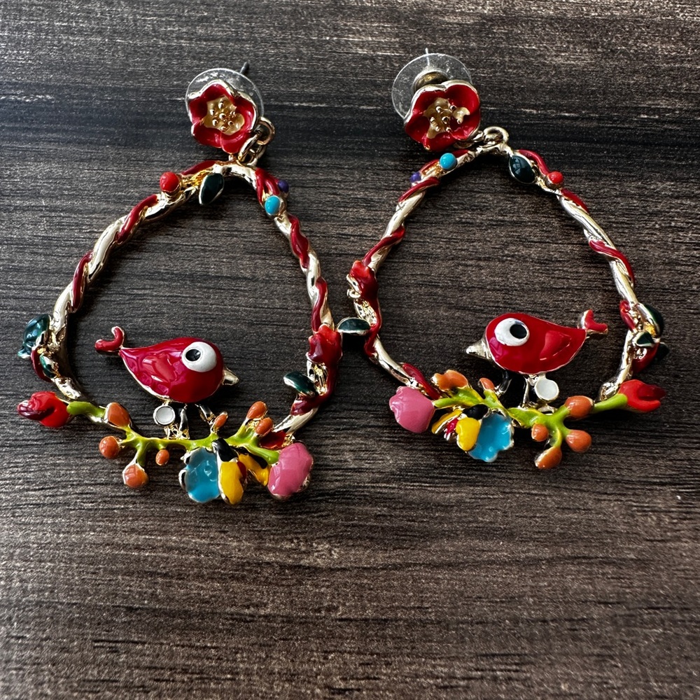The cutest earrings! Floral and bird colorful enamel earrings